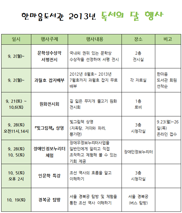 한마음도서관 독서의 달 행사 계획