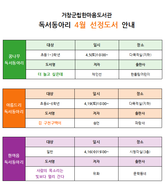 독서동아리 4월 선정도서 안내