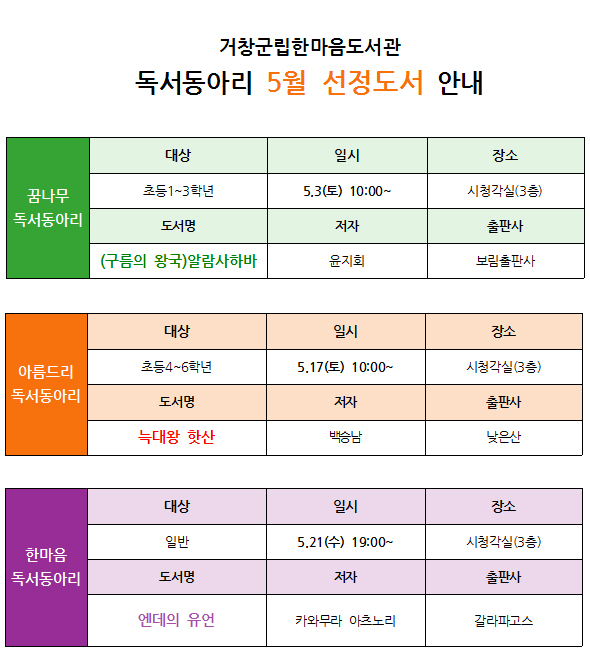 독서동아리 5월 선정도서 안내