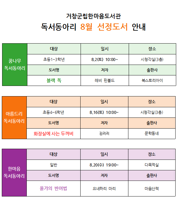 8월 독서동아리 선정 도서 안내