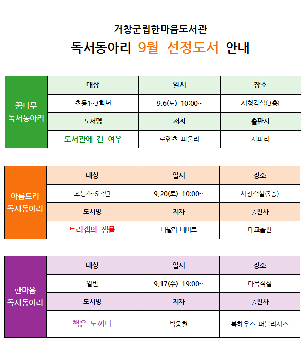 9월 독서동아리 선정 도서 안내
