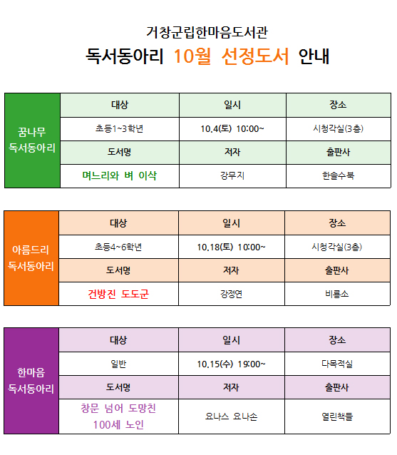 10월 독서동아리 선정 도서 안내