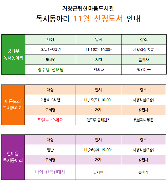 11월 독서동아리 선정도서 안내