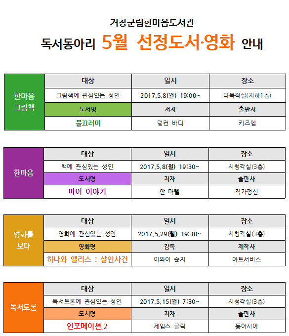 독서동아리 5월 선정도서 및 영화 안내