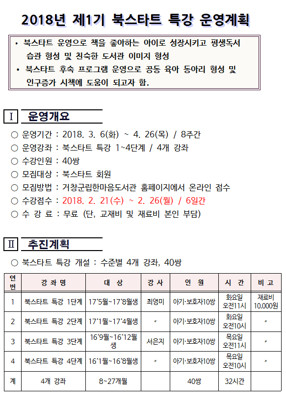 2018년 제1기 북스타트 특강 운영계획