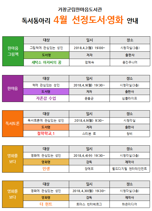 4월 독서동아리 선정도서 및 영화 안내