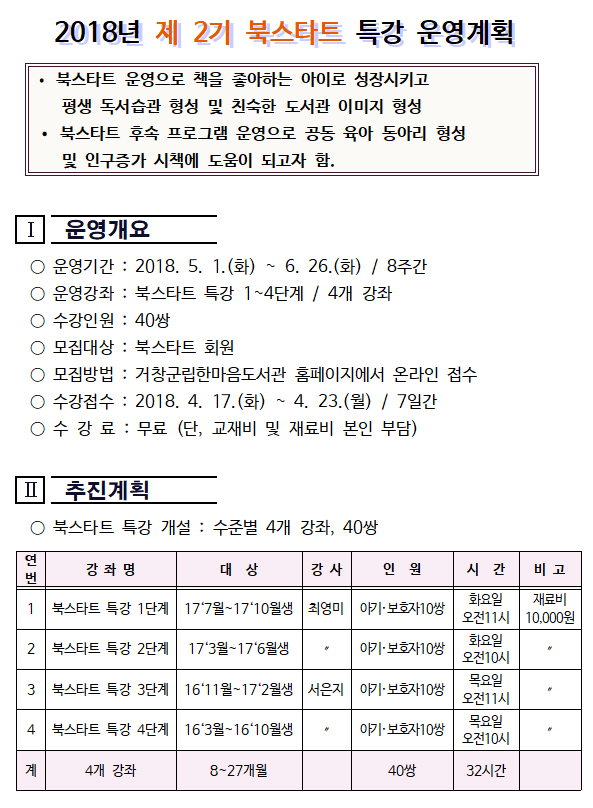 2018년 제 2기 북스타트 특강 운영 안내