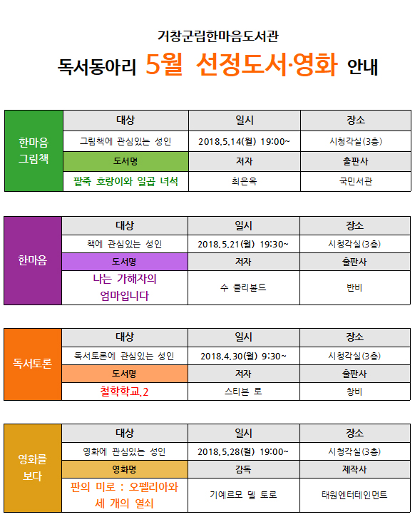 5월 독서동아리 선정도서 및 영화 안내