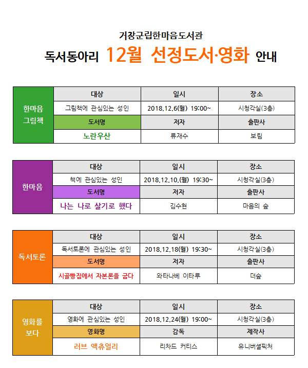 12월 독서동아리 선정도서 및 영화 안내