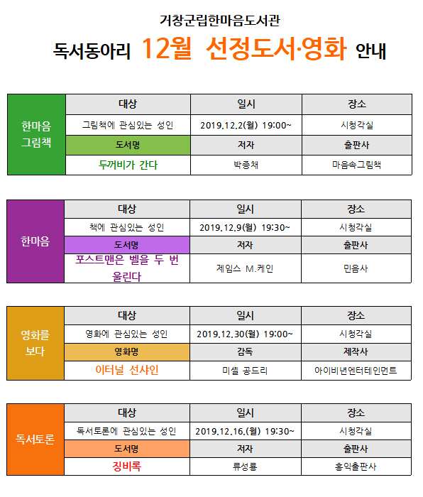 12월 독서동아리 선정도서 및 모임일정 안내