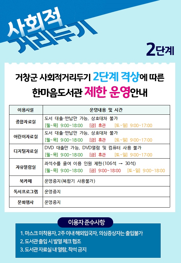 2단계 격상에 따른 제한운영 안내